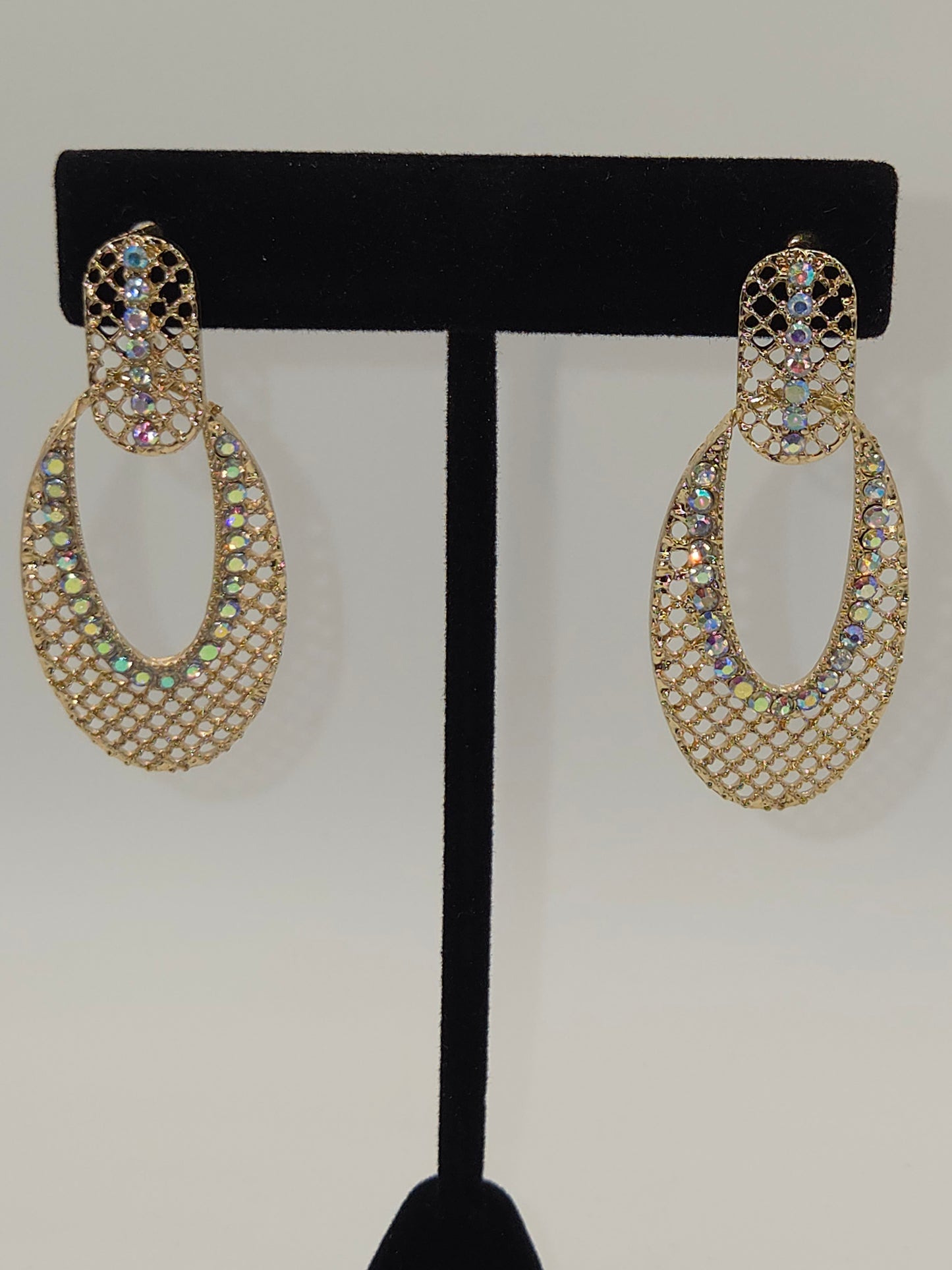 Golden Lattice Iridescent Teardrop Drop Hoop Earrings