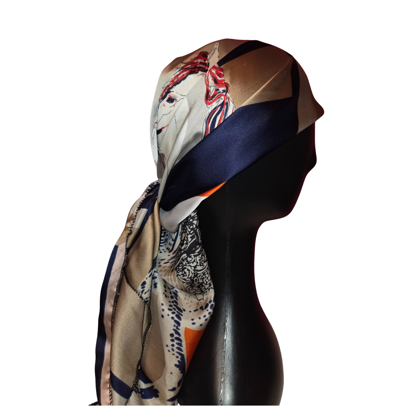 Mannequin head wearing a patterned scarf on a white background