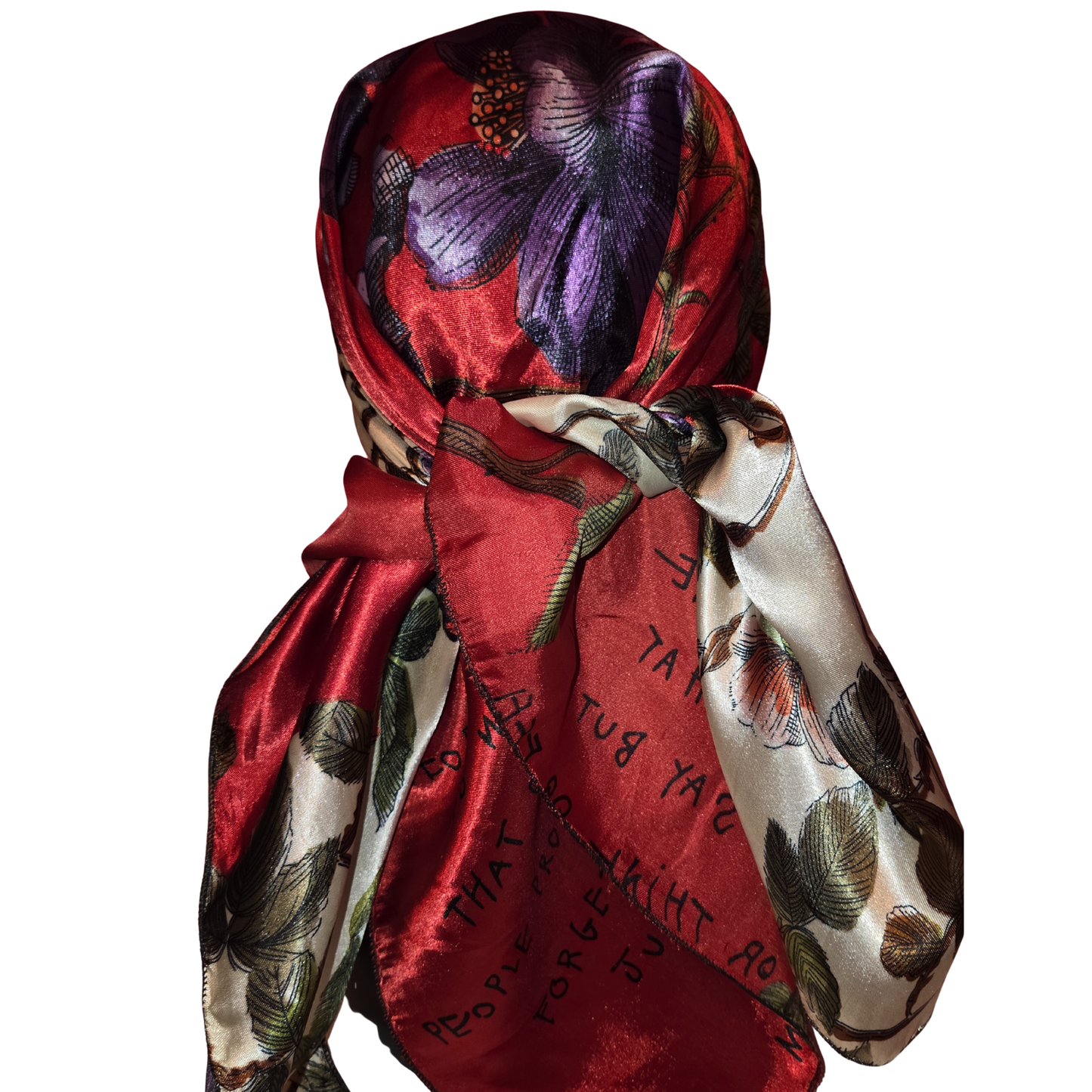 Red floral headscarf with a white background