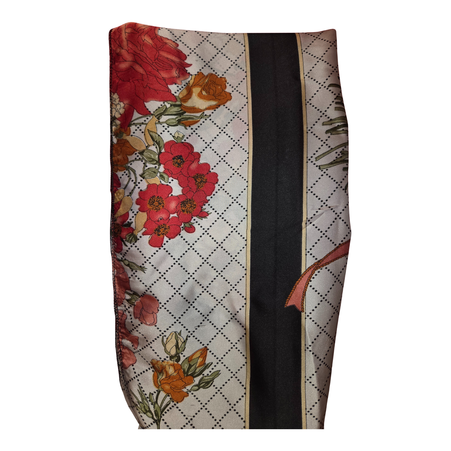 Floral-patterned fabric with a black strip on a white background