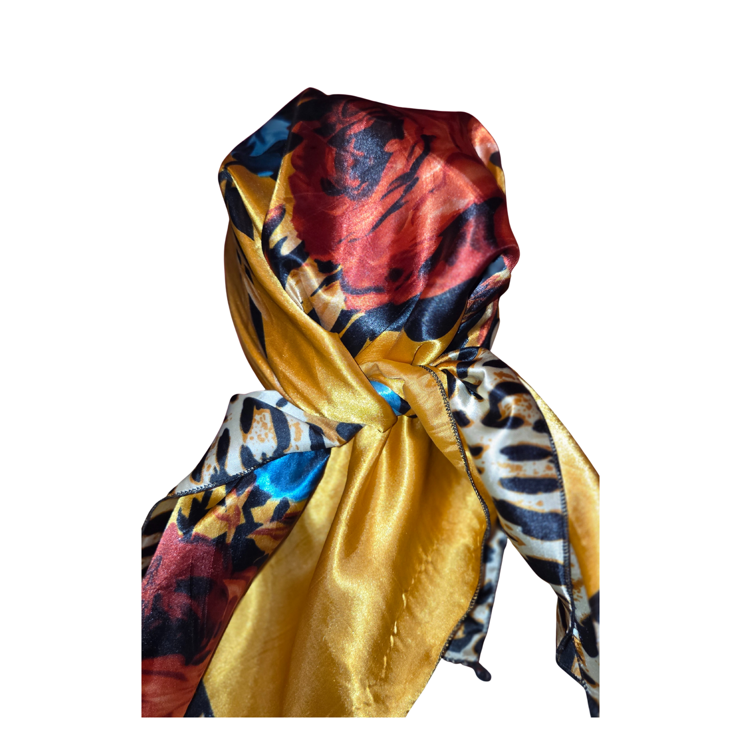 Multicolored patterned scarf with a gold center on a white background