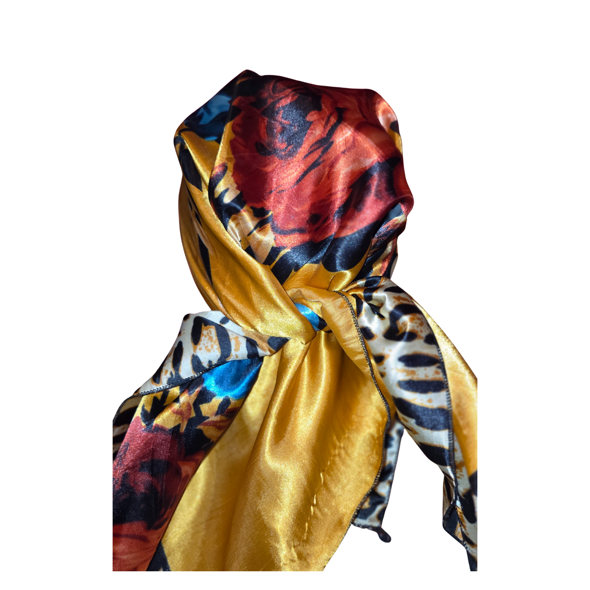 Multicolored patterned scarf with a gold center on a white background